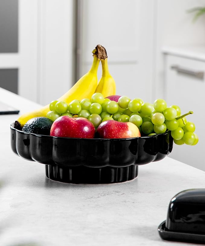 Nucookery Ceramic Petal Fruit Bowl for Kitchen Counter, 11 Inch Modern Decorative Bowl, Elegant Fruit & Vegetable Storage Container, Large Bread Basket, Black