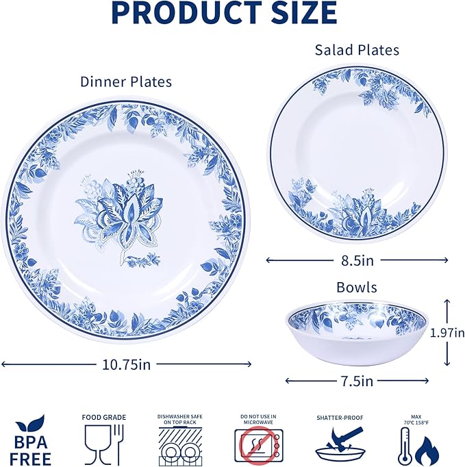 Melamine Dinnerware Sets-12pcs floral dinnerware set Service for 4,Dishwasher Safe, Break-resistant, Indoor and Outdoor Use,Reusable,Traditional Flower