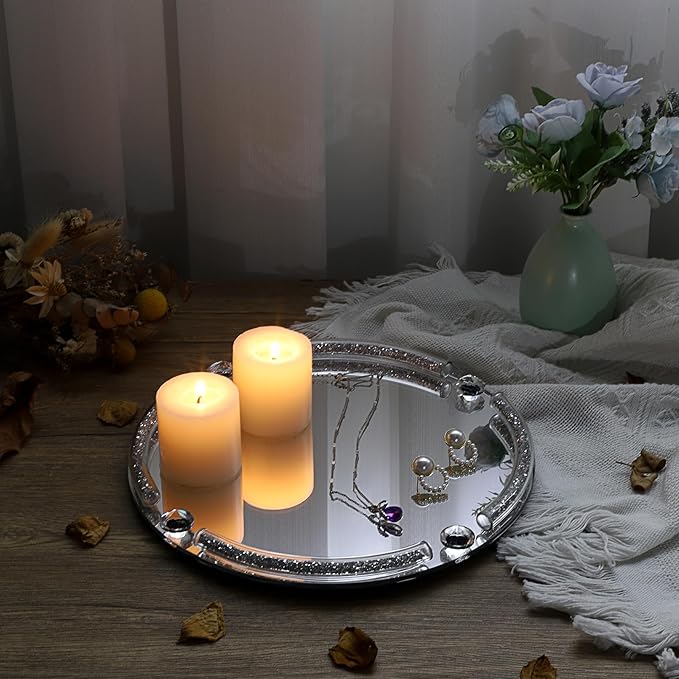 Hipiwe Crushed Diamond Perfume Tray - 9.8" Round Mirror Vanity Trays Glass Decorative Trays for Bathroom Countertop Cosmetic Makeup Organizer Tray Silver Jewelry Trays