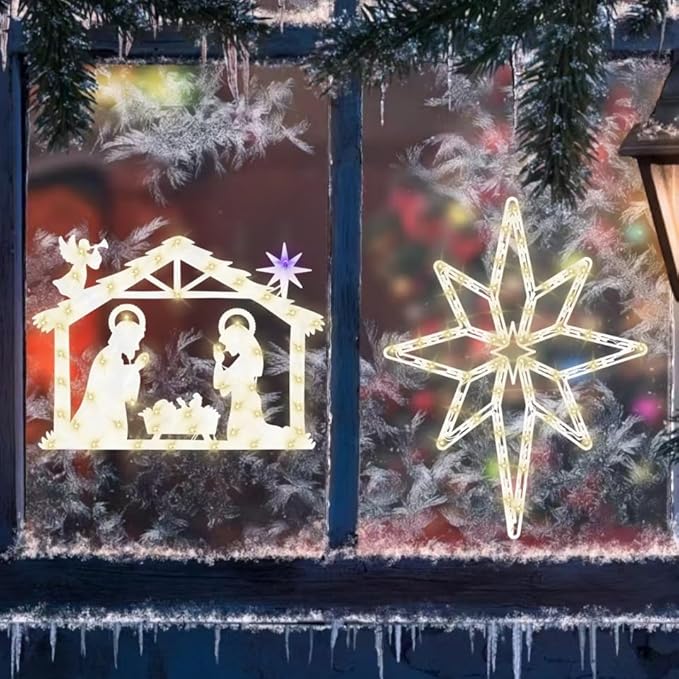 Christmas Decorations 17" Christmas Window Silhouette Lights Decorations - 2 Pack Nativity Scene with Lights ＆ Lighted Bethlehem Star for Holiday Indoor and Outdoor Wall Door Window Decorate