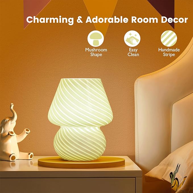 USB Plug-in Mushroom Lamp Small Bedside Table Lamp with 3 Temperature LED Bulb,Free Dimming Nights Light for Bedroom/Living Room/Entryway/Corner Decor (Stripe Green)