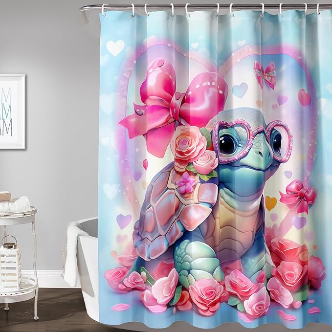 AILONEN Cute Sea Turtle Shower Curtain for Bathroom,Kawaii Turtle Pink Flower Print Bath Curtain 72" W*78" H,Girls Women Modern Decorative Waterproof Curtain with 12 Plastic Hooks