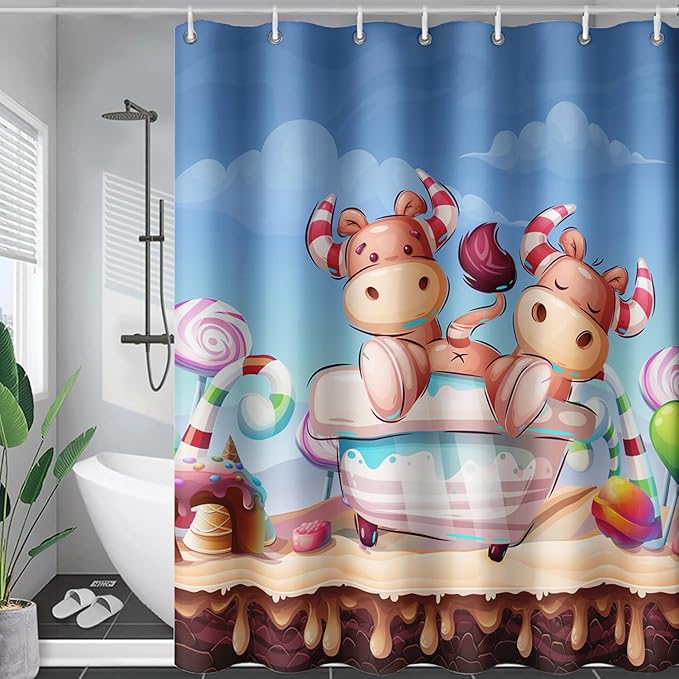 AILONEN Cute Cow Kids Shower Curtain 36" W*72" H Cartoon Candy Printed Shower Curtain Boys Girls Children Bathroom Curtain Decor Polyester Waterproof Curtain with 12 Hooks