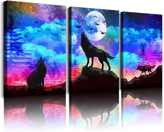 Canvas Wall Art For Living Room Wall Decor For Bedroom Kitchen Canvas Art Prints Artwork Modern Framed Room Home Decorations Blue Starry Sky Landscape Paintings Wolf Office Hang Pictures 3 Pieces