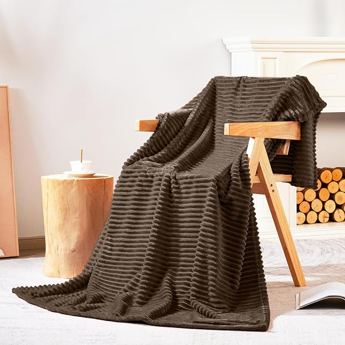 Bnuitland Brown Flannel Throw (50X71 inches) with Pillow Cover(18×18"),300GSM Super Soft Fleece Stripe Pattern Sofa Blanket, Lightweight Cozy Bed Throw for Home Decor All Season