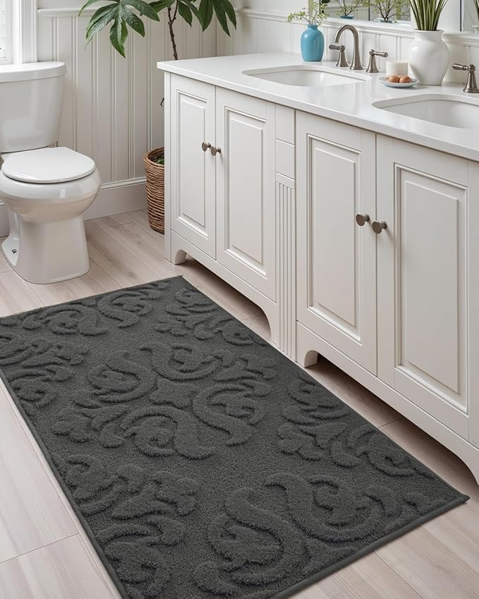 DEXI Bathroom Rug 24x36, Non Slip Washable Bath Mat for Shower Floor, Absorbent Soft Bathmat with Rubber Backing, Plush Fluffy Microfiber Floral Retro Carpet, Dark Grey