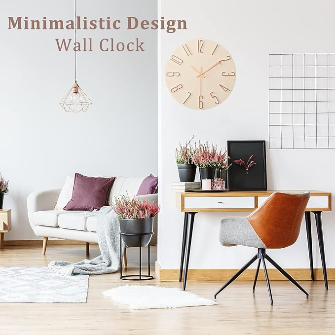 Wall Clock - 12-inch Silent Non-Ticking Battery Powered Decorative Clock, Simple Minimalist Style and Modern Home Wall Clock,for Bedroom,Living Room,Kitchen,Home Office (Beige)