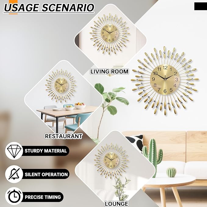 Wall Clock,20inch Decorative Wall Clocks Silent Quality Quartz Battery Operated,Large Wall Clock for Living Room,Kitchen,Home,Bathroom,Bedroom Wall Decor,Golden