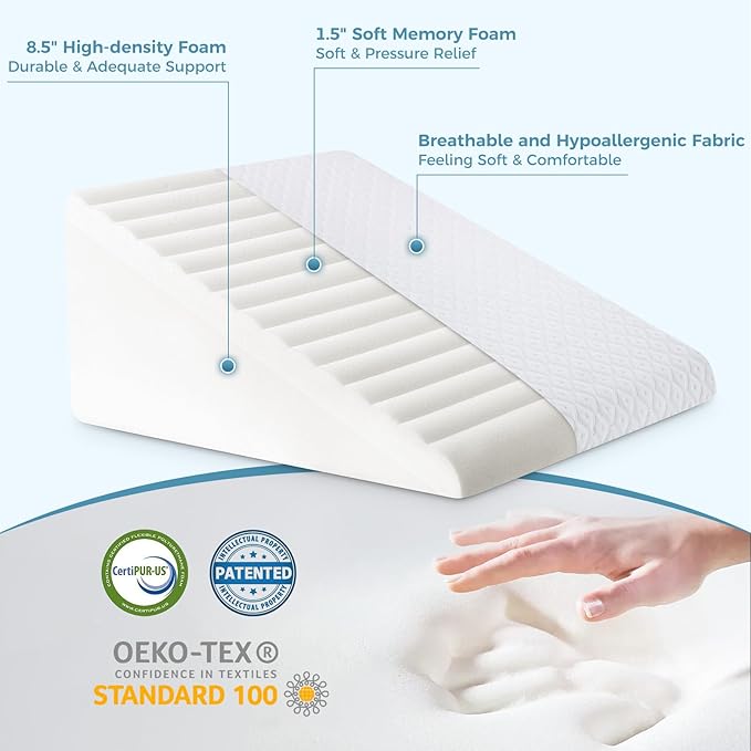 Bed Wedge Pillow for Sleeping, 10" Memory Foam Triangle Wedge Pillow Post Surgery Body Positioners Pillow for Back, Legs and Knee Support, Acid Reflux, Gerd, Heartburn and Snoring