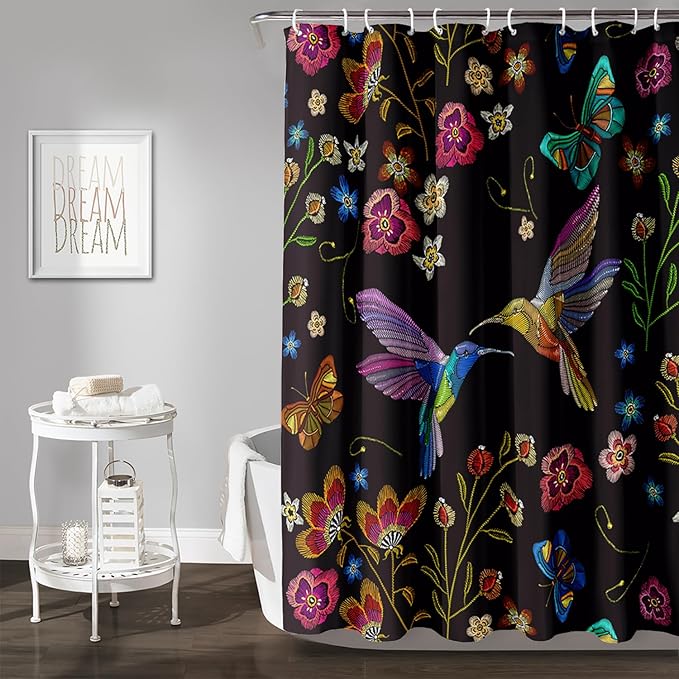 AILONEN Retro Hummingbird Shower Curtain,Wild Floral Flower Bathroom Decor with 12 Plastic Hooks,Bird Butterfly Vintage Black Curtains,Modern Bedroom Decor Gifts for Girls Teen Adult 72" W*72" H