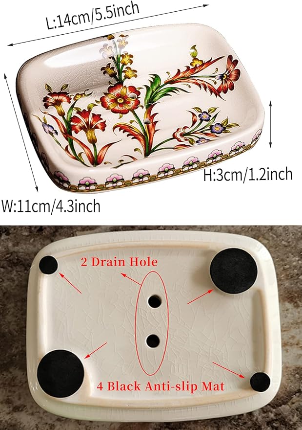 Ceramic Soap Dish - Creative Ice Crack Ceramic Red Flower Pattern Soap Dish Holder for Bathroom and Shower Soap Tray Box with Drain,Gift for Mum Family Christmas