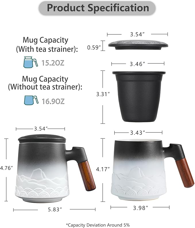 ZENS Mug With Infuser and Lid for Loose Leaf Steeper, 16.9oz Embossed Ceramic Cup With Fine Strainers, Wood Handle Large Diffusers, Tea Accessories for Lovers Gifts