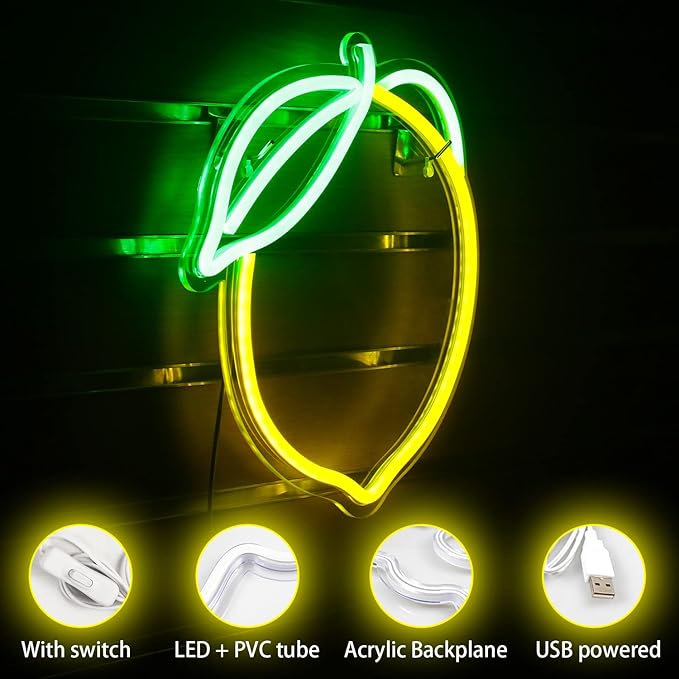 Lemon Neon Sign Lemons Yellow Led Sign Fruit Shape Neon Light for Apartment, Bar, Kids' Room,Bedroom,KTV Pub, Shop Wedding, Celebration (12.6"*11")