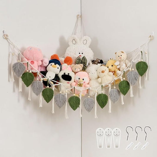 Pretty Jolly Macrame Leaf Wall Hanging Storage Hammock, 59" Boho Corner Organizer with Tassels, Stuffed Animal Plush Holder for Kids Room Nursery Decor (Avocado Green & Light Grey)