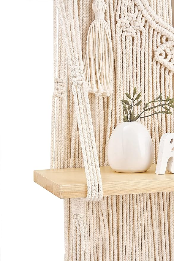 Mkono Macrame Wall Hanging Shelf Boho Decor Wood Floating Shelf for Bedroom Living Room Nursery Bathroom, Handmade Woven Rope Storage Rack for Photo Frames Plant Display