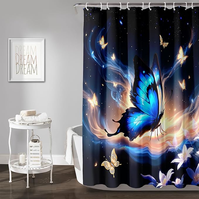 AILONEN Butterfly Shower Curtain,Blue Butterfly Bath Curtain for Girls Kids Women,Glowing Starry Flower Butterfly Decoration Bathroom Waterproof Curtain with 12 Plastic Hooks, 72" W*84" H