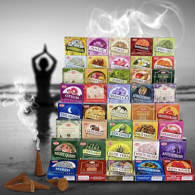 Hem Incense Cones Variety Pack of 12 Randomly Selected Fragrances and Incense Cone Holder Bundle Total 120 Cones
