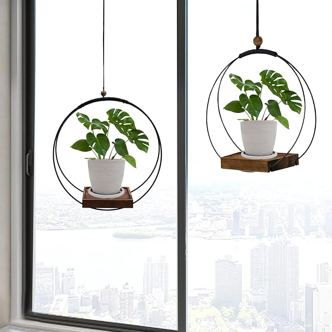 Hanging Planter for Indoor Plants,Plant Hanger with Sturdy Wood Base & Pot, Modern Boho Macrame Plant Hanger,Wall Ceiling Window Stands(2 Pack+Pots)