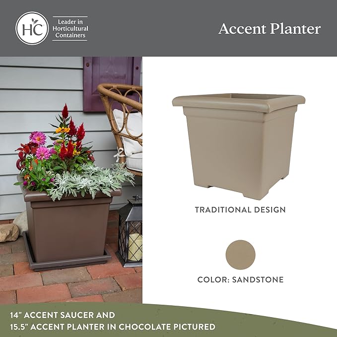 The HC Companies Accent Square Plant Pot w/Drainage - Classic Planters for Outdoor Plants & Indoor Plants - Lightweight & UV-Resistant Square Planter Box (12.5”, Sandstone, Pack of 2)