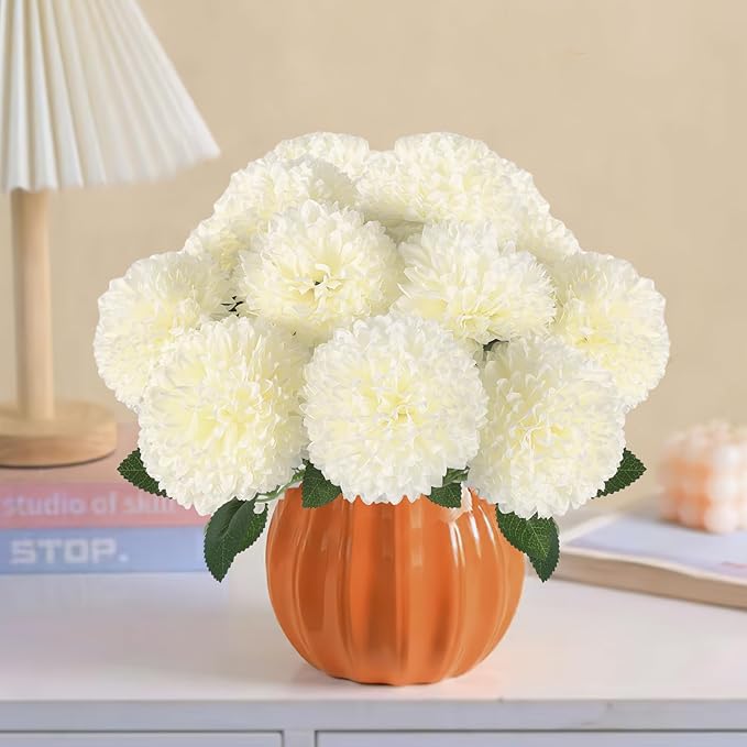 Hananona 24 Pcs Artificial Chrysanthemums Flowers Ball White Flower Bulk, Fake Mums Flowers Silk Plants for Home Decor Indoor Floral Arrangement Table Centerpiece (24, White)