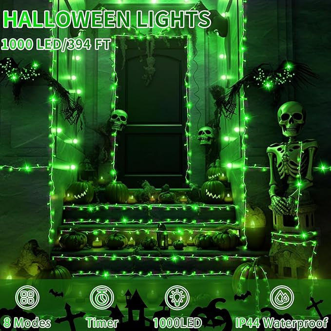 403 FT 1000 LED String Lights Outdoor Decorations Halloween Fairy Lights Waterproof 8 Modes Timer Clear Wire String Lights for Outside House Tree Patio Yard Wedding Party Holiday-Green