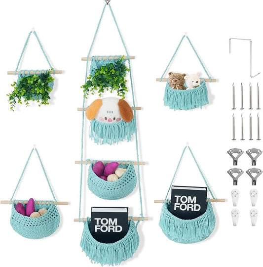 4 Tier Hanging Fruit Basket for Kitchen, Aqua Boho Cotton Rope Crocheted Fruit Holder for Bathroom Bedroom, Detachable Wall Hanging Basket Shelves Over Door Organizer for Fruit Veggie Plant Decor