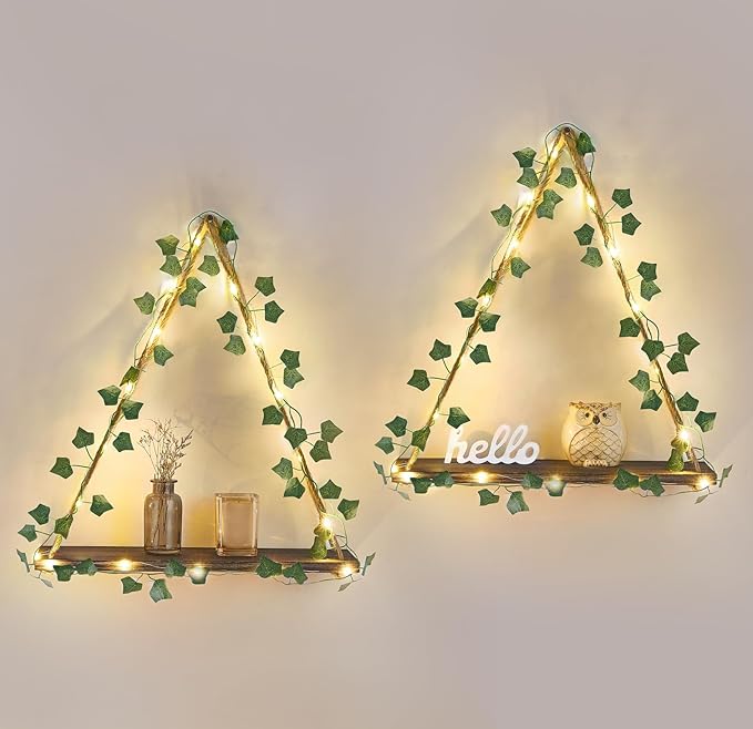 Mkono Artificial Ivy Macrame Hanging Shelves with Lights Set of 2 Boho Wall Decor Display Plants Photos Wood Floating Storage Shelf for Bedroom Bathroom Living Room Nursery Dorm Kitchen