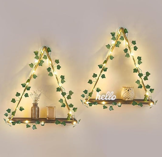 Mkono Artificial Ivy Macrame Hanging Shelves with Lights Set of 2 Boho Wall Decor Display Plants Photos Wood Floating Storage Shelf for Bedroom Bathroom Living Room Nursery Dorm Kitchen