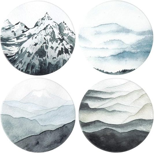 Lahome Mountain Range Coasters - Round Drinks Absorbent Stone Coaster Set with Ceramic Stone and Cork Base for Kinds of Mugs and Cups (Mountain Range, 4)