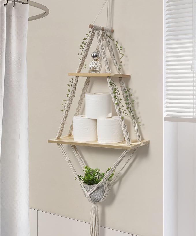 Afuly Hanging Shelves 2 Tiers Macrame Floating Shelf Wall Mounted, Boho Shelf Rack with Pine Wood Handmade Woven Rope for Bathroom Bedroom Living Room Plants Storage Home Decor, with Basket