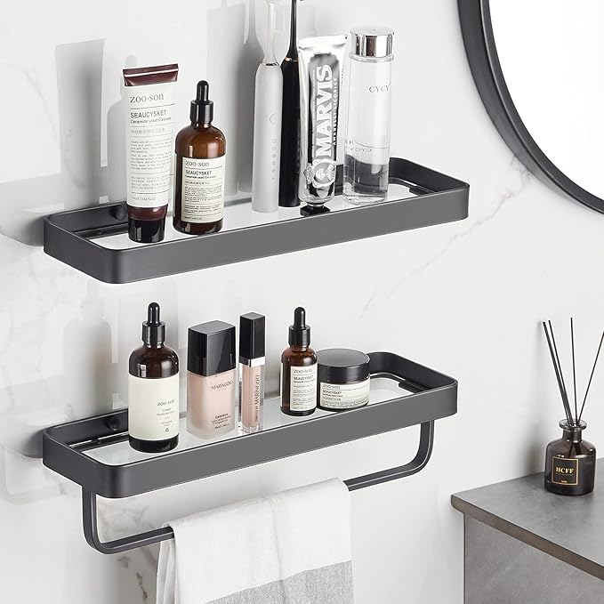 VOLPONE Bathroom Shelves Wall Mounted Glass Shelf for Bathroom Floating Shelf Tempered Glass Shelf 2 Tier Bathroom Wall Organizer(Black)