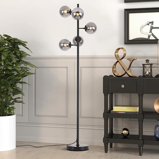 KCO Lighting Smoked Glass Modern Globe Farmhouse Black Standing Multi-Head Floor Lamps for Living Room, Bedrooms, Office