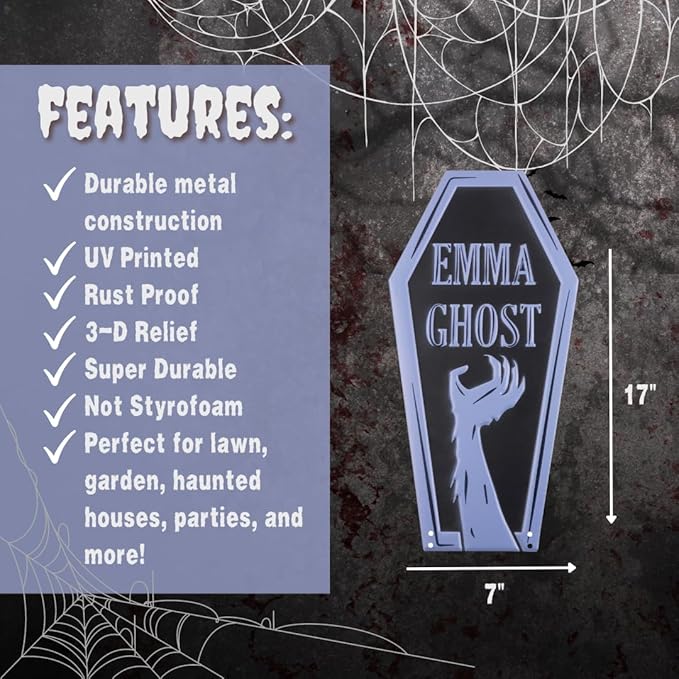 3-D Metal Halloween Ghost Cemetery XL 17" Tombstone w Stakes -EMMA GHOST- Durable, Rustproof, UV Raised Printing-Upgrade Your Haunted House Mansion w Cemetary Lawn Decor-No More Flimsy Foam Graveyards