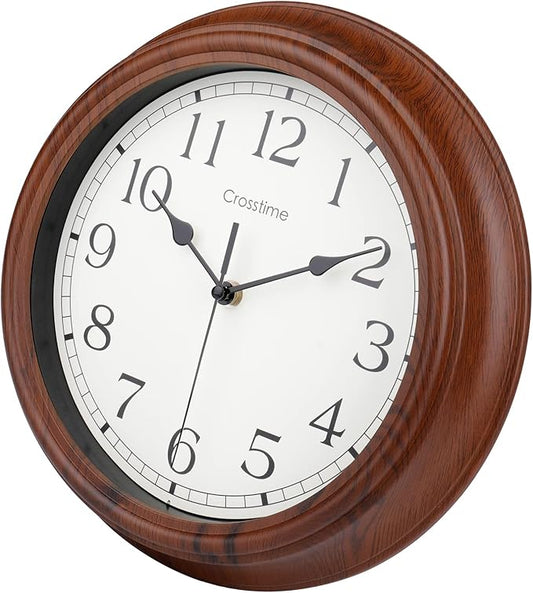 Wall Clock, Wood Grain Silent Non-Ticking Classic Retro, Battery Operated Wall Clocks for Living Room Kitchen Bathroom Home Decor- 12 Inch,Brown,Waterproof