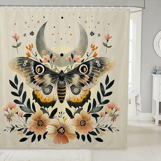 Feelyou Butterfly Fabric Shower Curtain Bohemian Moth Shower Curtain for Kids Boys Girls Moon Galaxy Bathroom Waterproof Accessories with 12 Hooks Flower Weed Botanical Curtains,72X72 Inches
