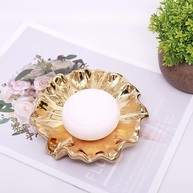 Soap Dish with Drain Ceramic Gold Lotus Leaf Soap Holder Soap Saver for Bar Soap, Kitchen Sink, and Bathroom Shower