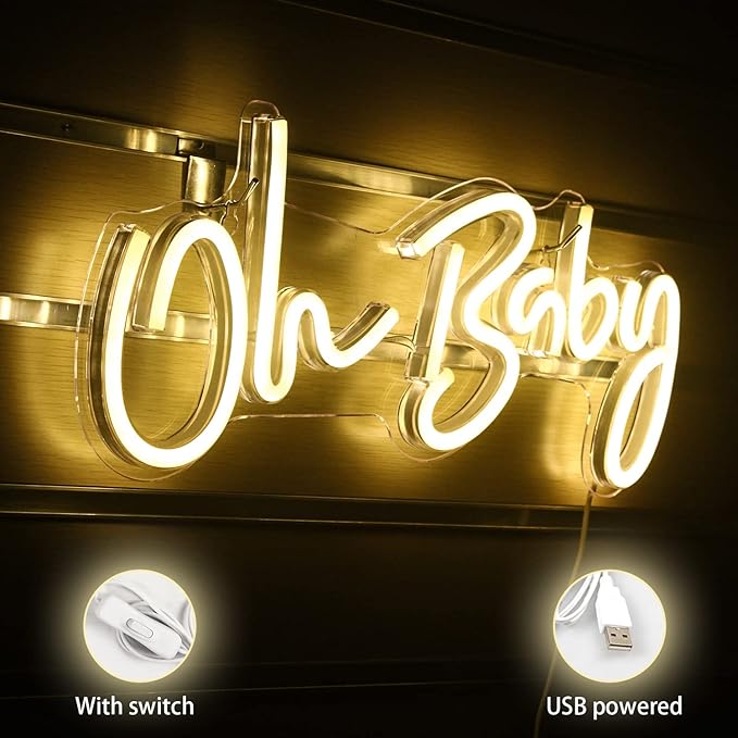 Lucunstar Neon Light Oh Baby Warm White Neon Sign for Wall Decor Neon Lights Sign Oh Baby Word LED Neon for Nursery Bedroom Game Room Club Bar Wedding Party,Room Decor(16.5"X6.9")