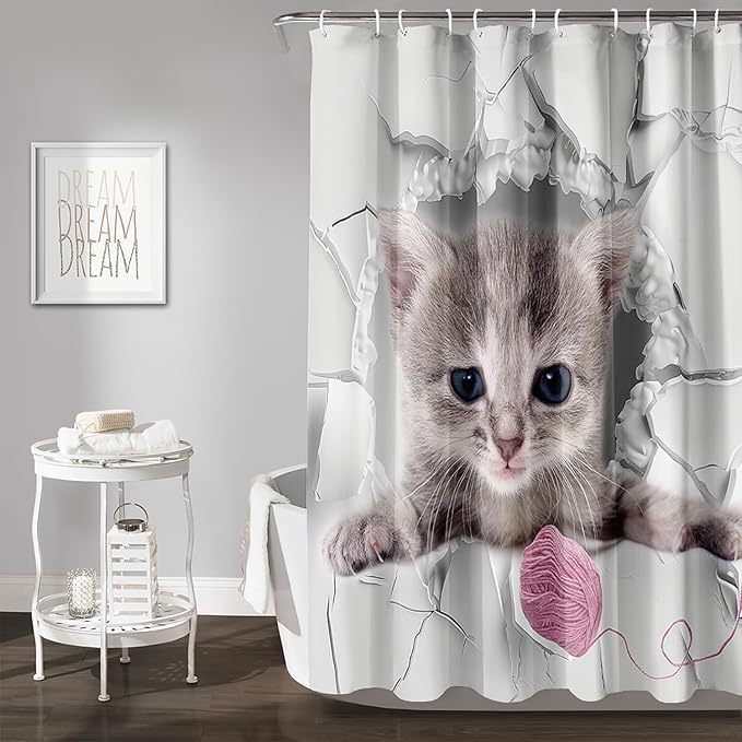 AILONEN 3D Kawaii Cat Shower Curtain, Beautiful Fuzzy Ball Kitten Shower Curtain for Kids Girls Boys Bathroom Decor,Cute Pet Animal Cat Lover Waterproof Shower Curtains Sets with Hooks,48" W*72" H