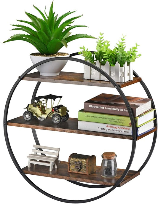 Floating Shelves, 3 Tier Decorative Geometric Circle Metal and Wood Wall Shelves, Bathroom Shelf Round Wall Decor, Rustic Brown