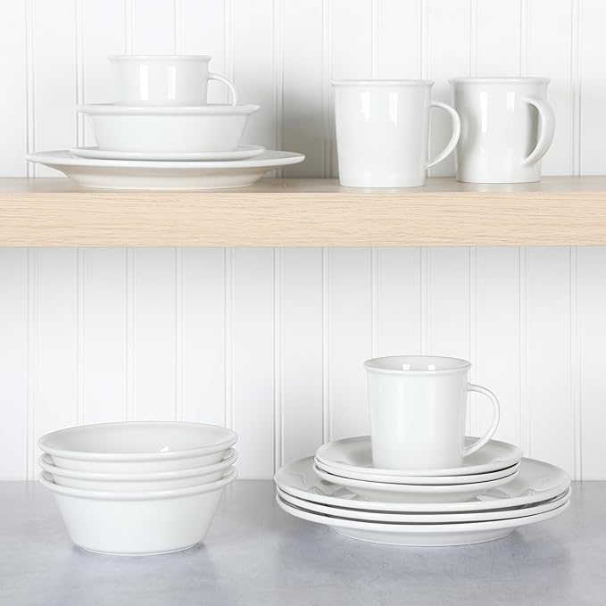 Martha Stewart Cliffield High Fired 16-Piece Porcelain Chip and Scratch Resistant Plates, Bowls, and Mugs Dinnerware Set, Service for 4 - White