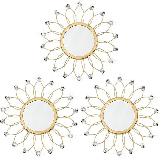 3 Pack Metal Mirrors for Wall Sunburst Wall Mirrors Home Décor Decorative Hanging Wall Art for Living Room Bedroom Entryway (Gold Crystal, Flowers)