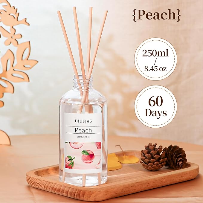 Peach Reed Diffuser with 10 Fiber Sticks, 250ml (8.45 oz) Diffusers for Home Essentials Bathroom,Last up to 60 Days