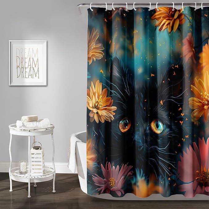 AILONEN Cute Black Cat Shower Curtain Set, Yellow Flower Kitty Cloth Shower Curtain Curtain for Bathroom,Cat Lovers Animal Shower Curtain Liner for Kids Boys Girls,72" W*78" H