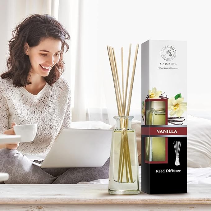 Reed Diffuser with Natural Essential Oil Vanilla 3.4 Fl Oz (100ml) - Scented Reed Diffuser - Gift Set with Bamboo Sticks - Best for Aromatherapy - SPA - Home - Office - Fitness Club