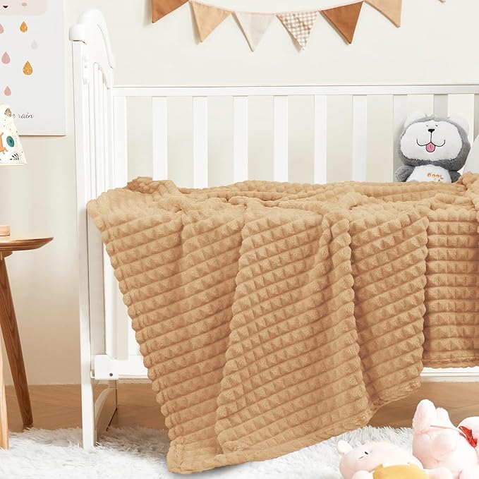 HOMRITAR Baby Blanket for Boys 3D Square Grid Design Super Soft Fuzzy Cozy Warm Toddler Blanket Plush Fluffy Receiving Blankets for Newborn Infant Nursery or Stroller Tan 30 x 40 Inch