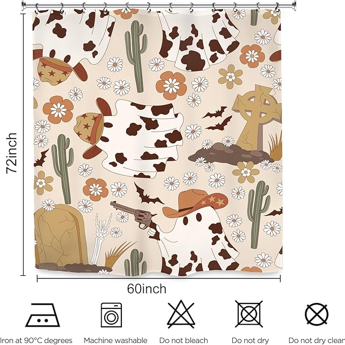 Halloween Ghost Cowboy Shower Curtain 60Wx72L Inch Horror 70s Retro Groovy Western Hippie Funky Trendy Funny Holiday Bathroom Set Accessories Decor with 12 Pack Hooks