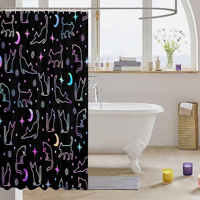 Manfei Cute Cats Silhouettes Kids Shower Curtains,Sun Moon Starry Sky Boho Bathroom Curtains for Girls Boys,Cartoon Animals Pets Neon Purple Romantic Waterproof Curtains,12 Hooks Suits,72" W x 84" L
