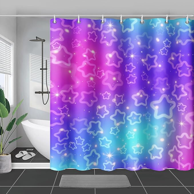 AILONEN Stars Shower Curtain, Dream Blue-Violet Gradient Theme Fabric Shower Curtains for Bathroom,Shining Stars Shower Curtain Liner for Girls Teen,72" W*84" H