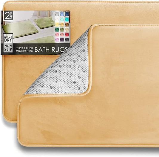 Clara Clark 2 Piece Bathroom Rugs Bath Mat Set, Velvet Memory Foam Bath Mats for Bathroom - Non-Slip, PVC Backing Bath Rugs, Washable - Dries Quickly, Cream