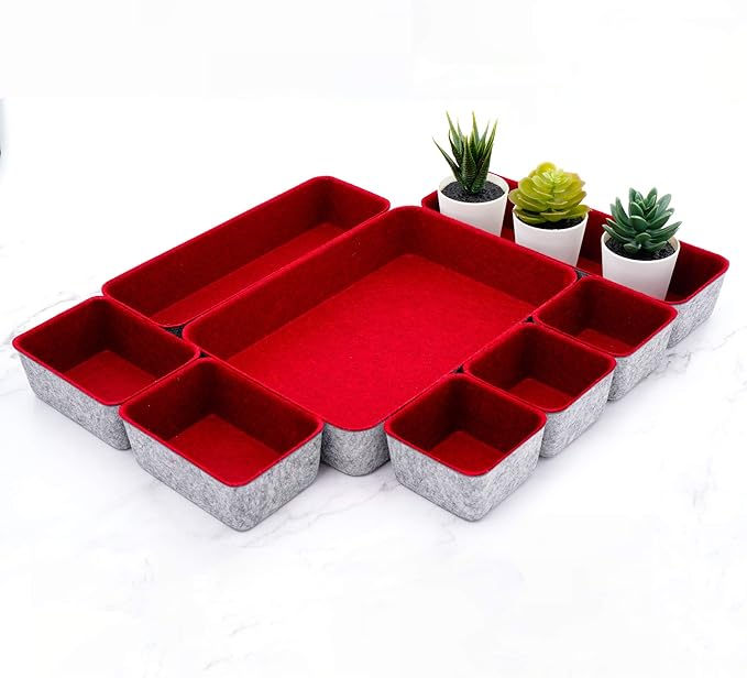 Welaxy drawer organizers trays dividers small shallow felt storage bin soft sturdy office suppliers closet cabinet makeup crafts pens junk desk decluterring box 8-piece (Maroon)